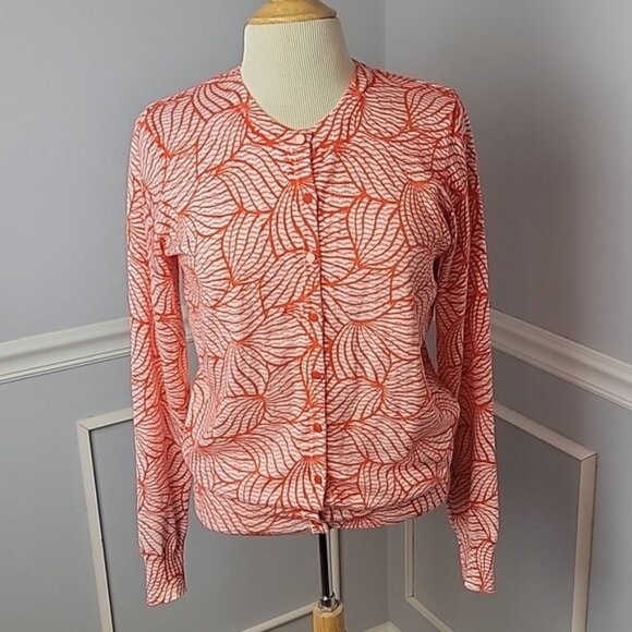 COVINGTON Orange White Abstract Button Crewneck Office Casual Cardigan Sweater L - Picture 1 of 9